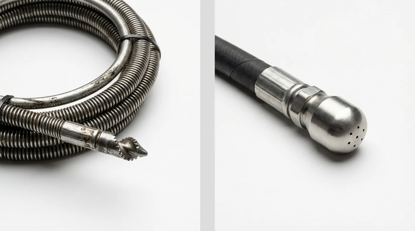 Drain snake cable and hydro jetting nozzle used for drain cleaning in Farmington, MN
