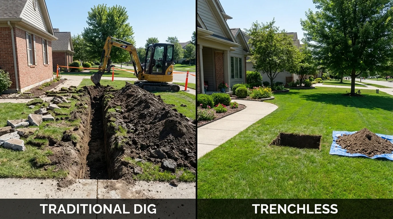 Trenchless sewer repair with minimal yard damage versus traditional excavation in Farmington, MN