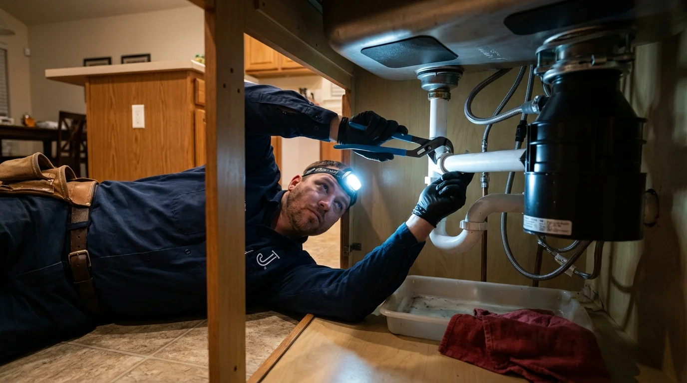 P-trap and supply line connections under a kitchen sink showing a common leak point in Farmington, MN